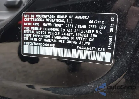 2013 Volkswagen Passat 3.6L V6 Sel Premium z USA, uszkodzony, nr VIN 1VWCM7A34DC031885